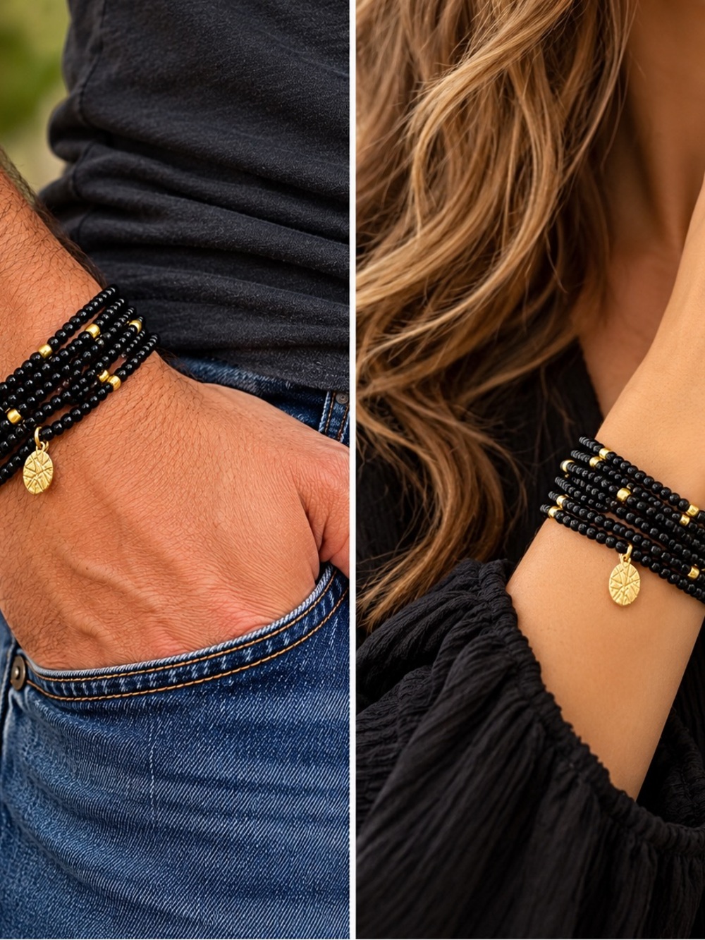 Hand Crafted Black and Gold Beaded Wrap Bracelet with Gold Charm